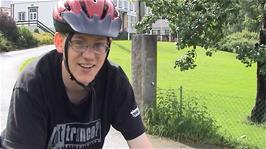 Oliver stops to say hi to Tao as he departs Lofthus Youth Hostel
